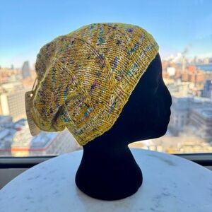 Handcrafted Knit Spiral Slouchy Beanie - Yellow Marled